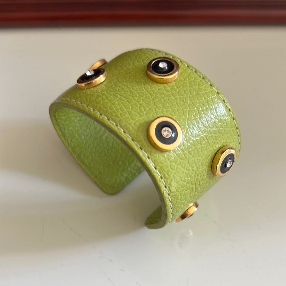 Leather cuff with enamel and crystal accents